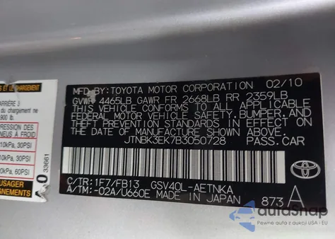 2011 Toyota Camry Le V6 from USA, damaged, VIN JTNBK3EK7B3050728